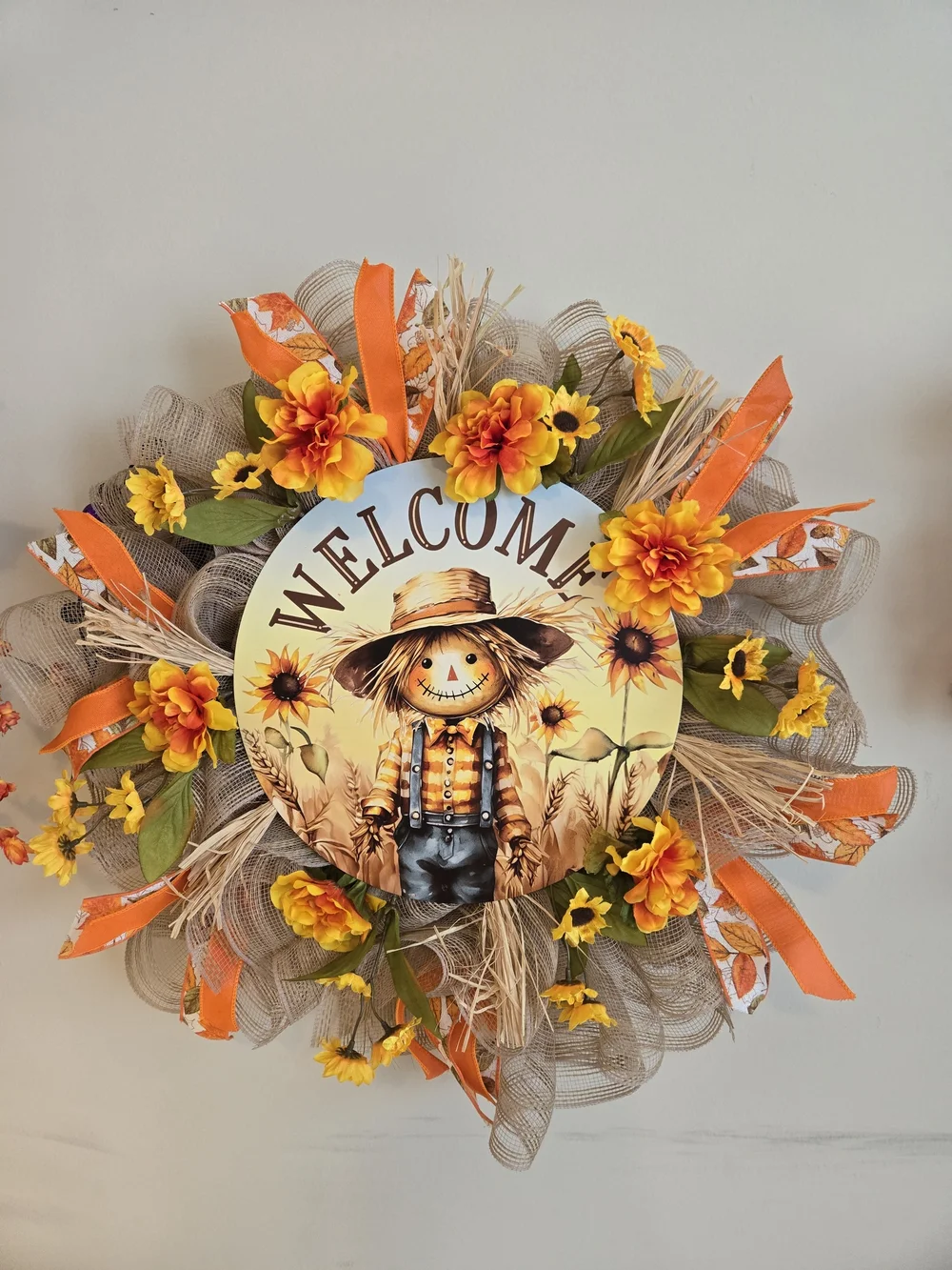 Autumn Welcome Fall Scarecrow Wreath with Orange & Yellow Blooms